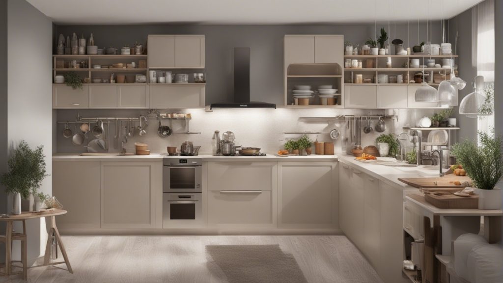 Cucina ad angolo con scaffali aperti.