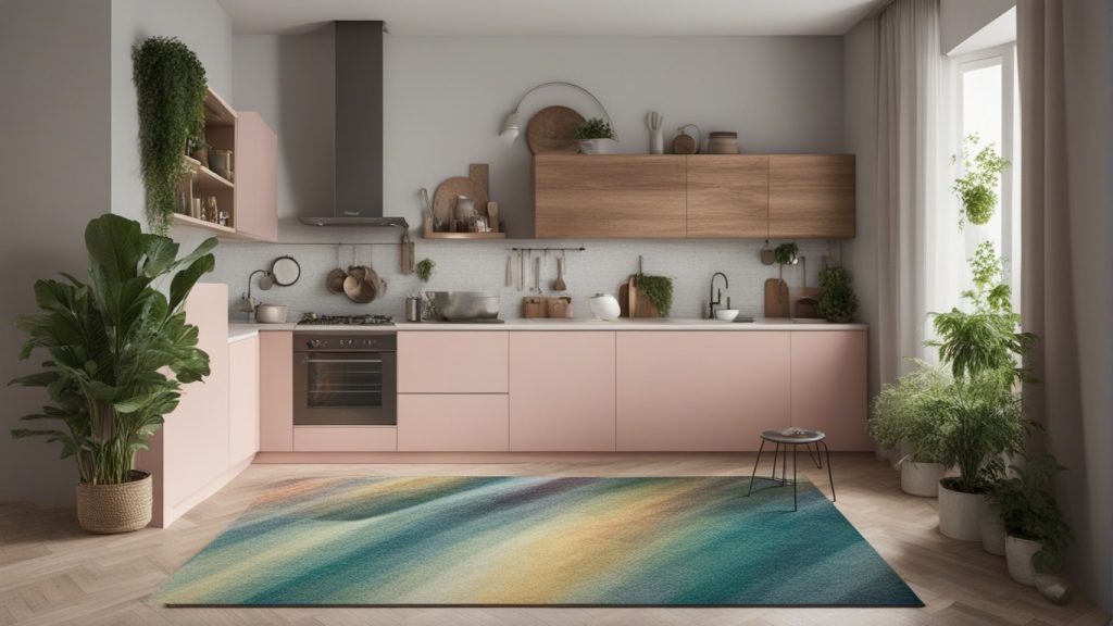 Cucina ad angolo con piante verdi e tappeto colorato.