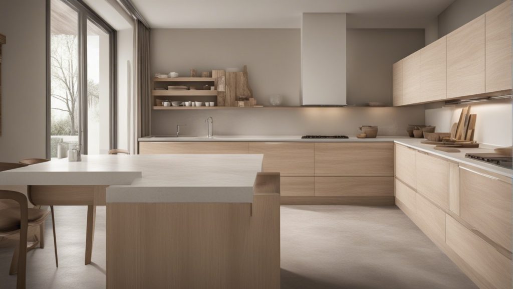 Cucina in legno chiaro con ante in rovere e piano di lavoro in marmo bianco.