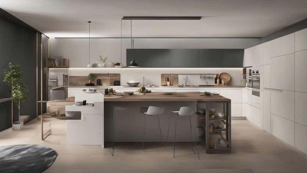 Cucina moderna con mobili a parete e isola centrale