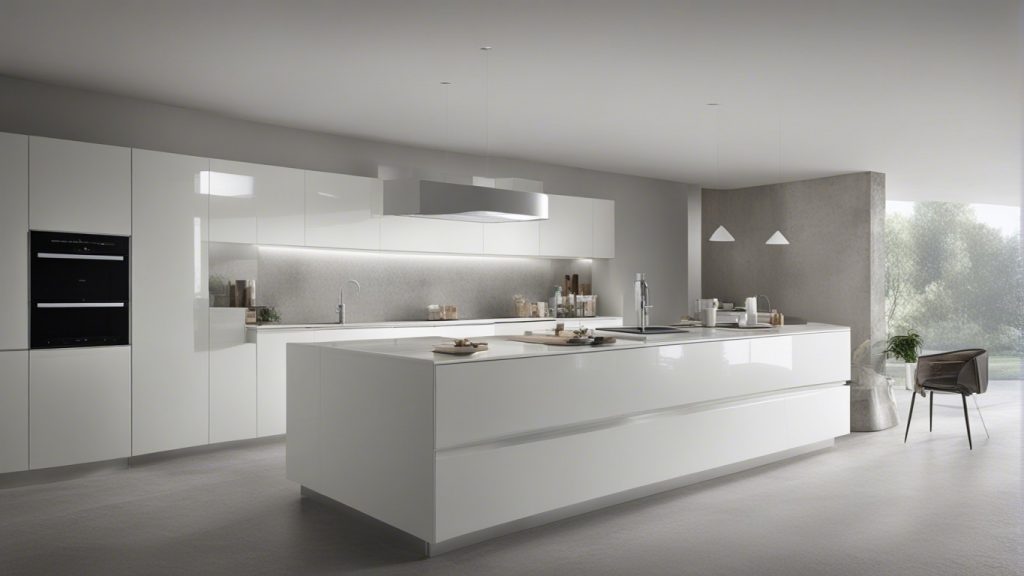 cucina bianca con pensili con ante in vetro e elettrodomestici di design. 