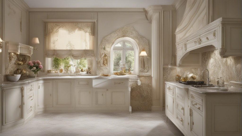 Cucina classica con maniglie in ottone, una cappa decorativa e tende floreali.