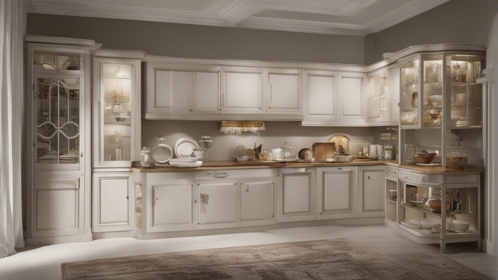 Cucina con armadietti ben organizzati, una credenza e contenitori in vetro.