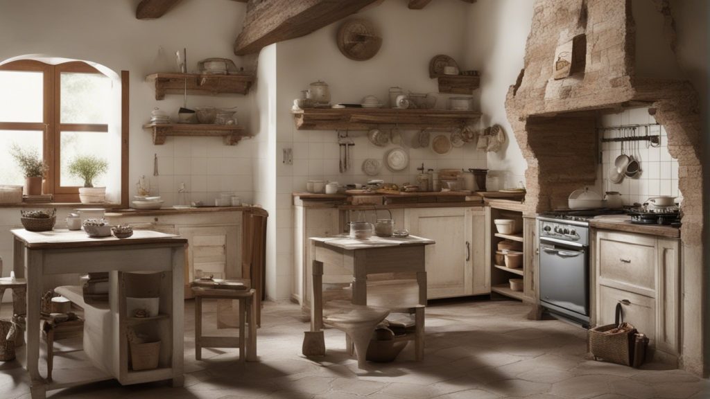 Cucina con mobili antichi e abbinamento di colori e materiali