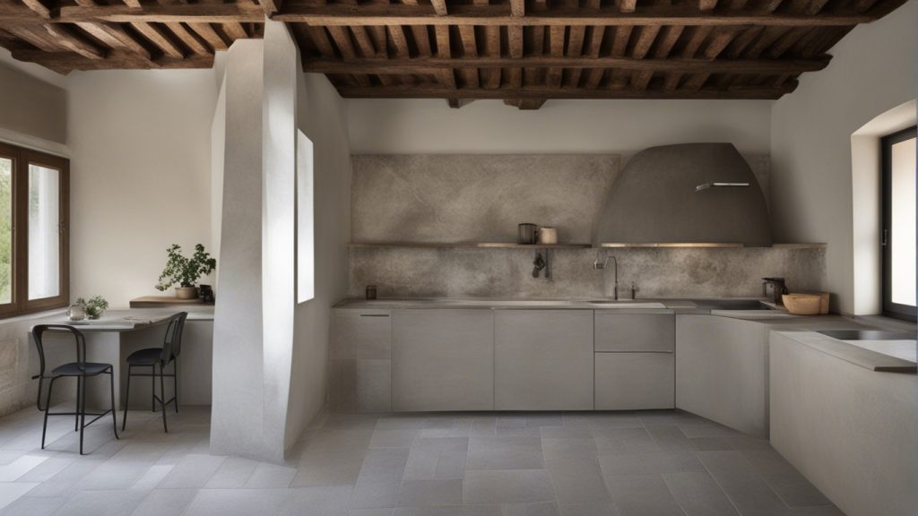 Cucina in arte povera con pavimenti in legno grezzo, pareti in pietra e mensole in ferro battuto.