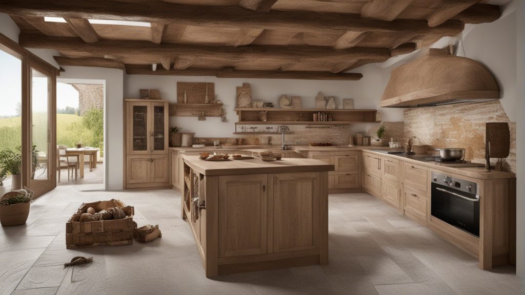 Cucina rustica con mobili in legno massello e pavimenti in pietra