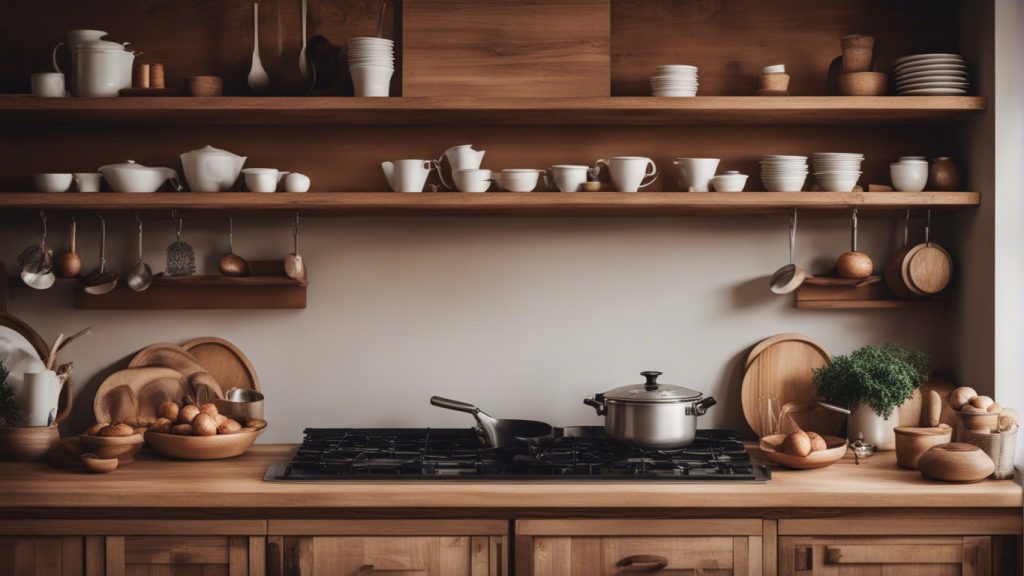 Cucina rustica con scaffali aperti in legno per esporre stoviglie e oggetti decorativi