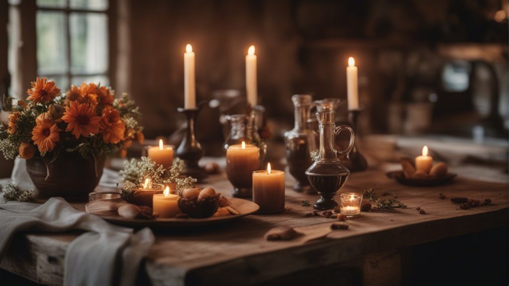 Cucina rustica con tovaglia in lino, vasi di fiori e candele come dettagli decorativi