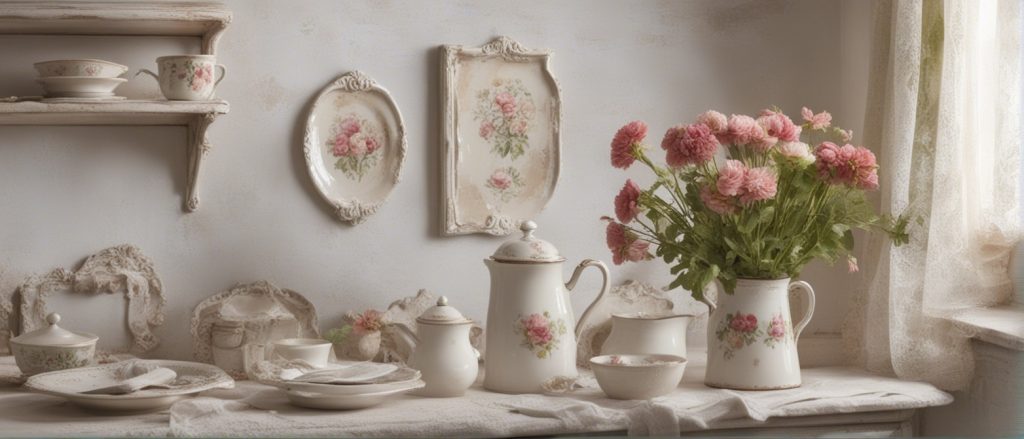 Cucina shabby chic con cornici vintage alle pareti, piatti in ceramica dipinti a mano sugli scaffali e un bouquet di fiori freschi sul tavolo.