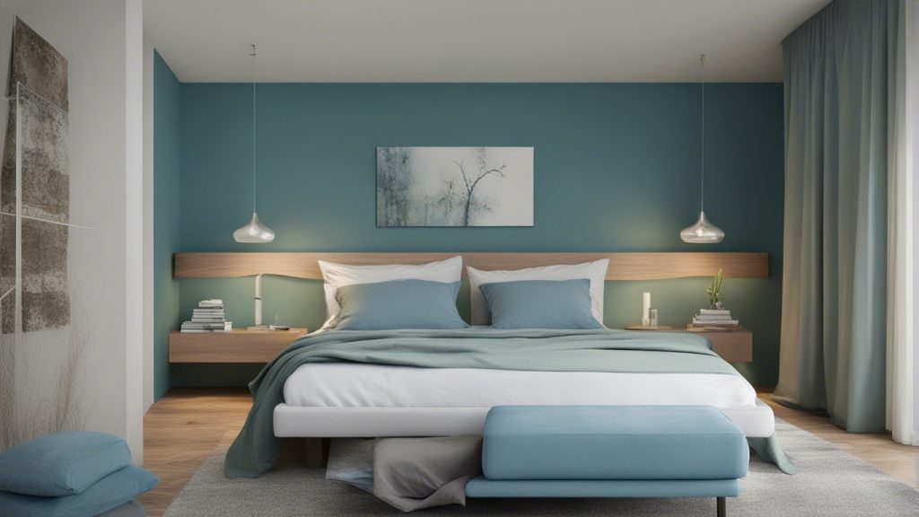 Camera da letto con pareti blu e letto con inserti verdi per favorire il riposo e la tranquillità