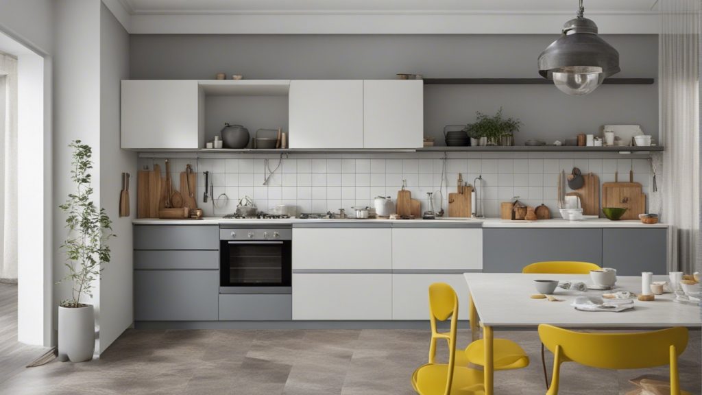 Cucina con lampada in sospensione e dettagli gialli
