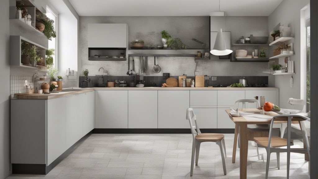 Cucina bianca e grigia con piante verdi appese alle pareti, stoviglie esposte su mensole.