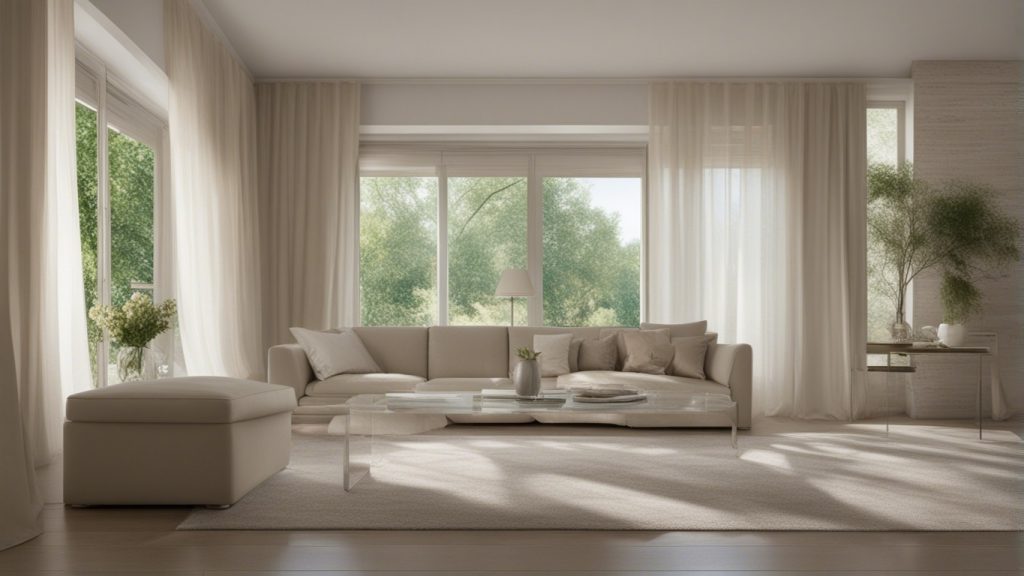 Soggiorno Feng Shui luminoso con ampie finestre e tende leggere"