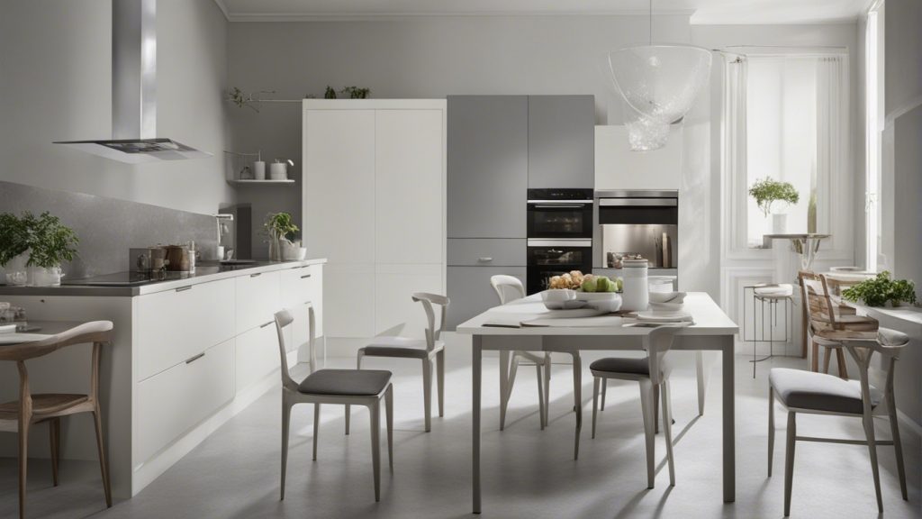 Cucina bianca e grigia con mobili laccati bianchi e pensili grigi senza maniglie.