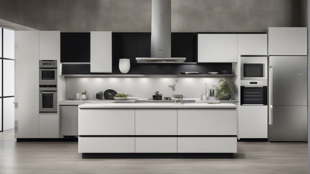Cucina bianca e nera con mobili laccati bianchi e elettrodomestici in acciaio inox