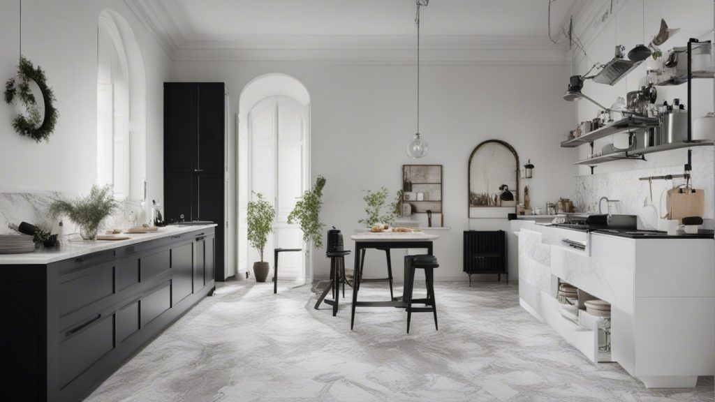 Cucina bianca e nera con piante verdi e oggetti decorativi in vetro nero