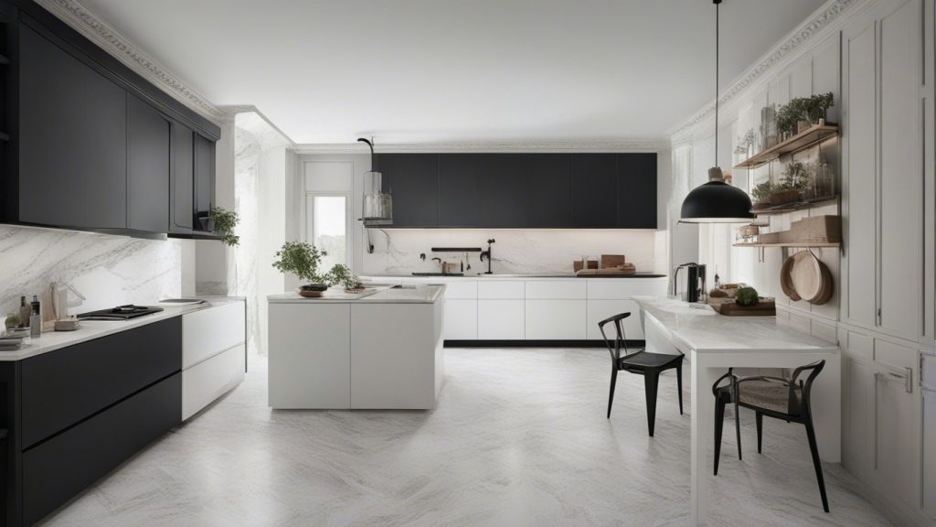 Cucina bianca e nera con marmo bianco