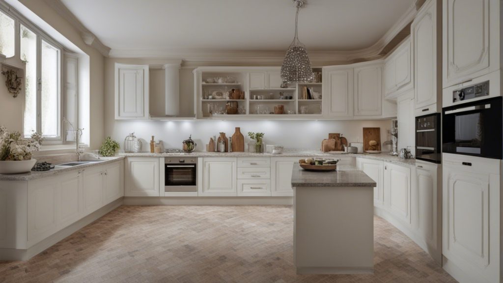 Cucina bianca e grigia con pavimento in legno chiaro e piani di lavoro in granito grigio.