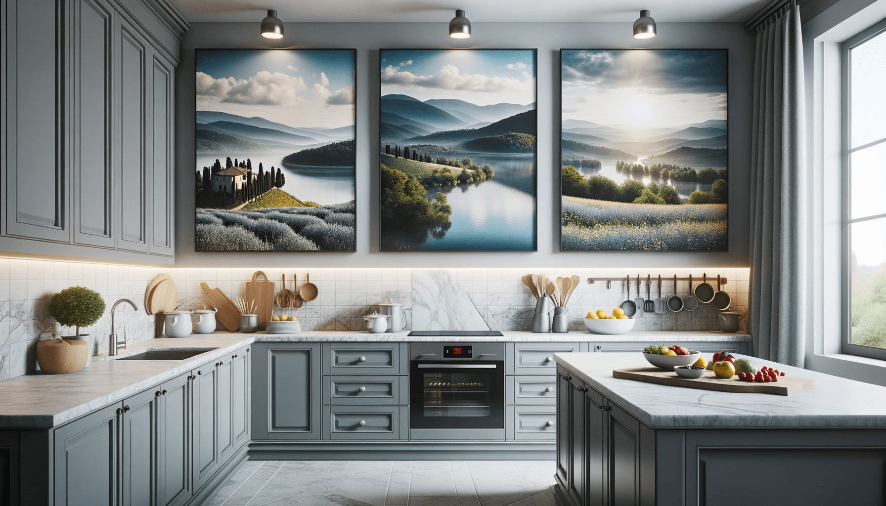 Come Arredare una Cucina con quadri. in questa immagine una cucina moderna con ripiano in marmo ha 3 quadri che coprono la parete.