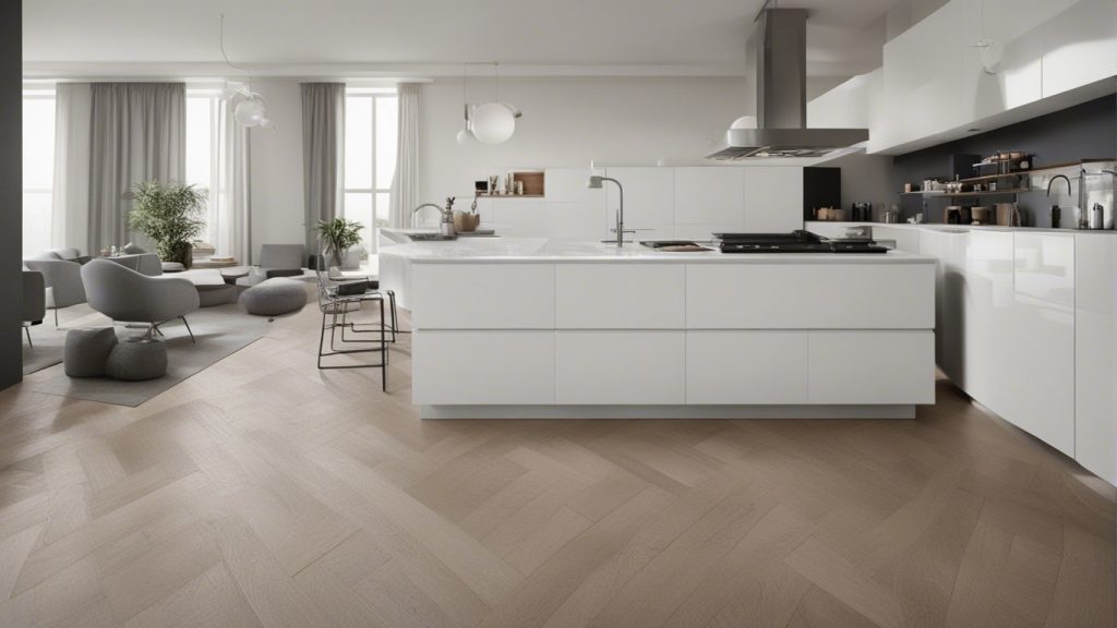 Cucina bianca moderna con pavimento in legno chiaro