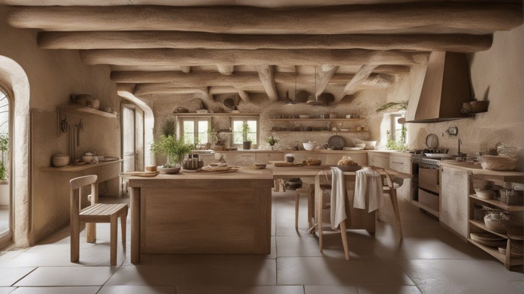 Cucina rustica di materiale naturale decorata con piante