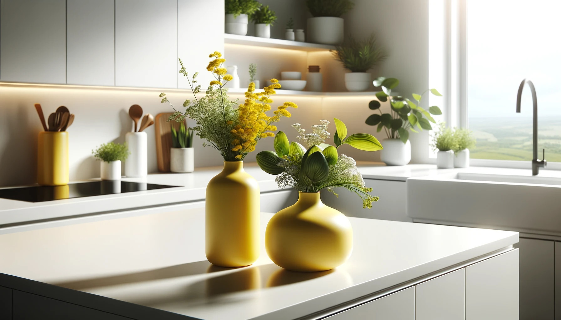 Come Arredare una Cucina con vasi. In questa immagine ci sono 2 vasi gialli in una cucina bianca che danno colore