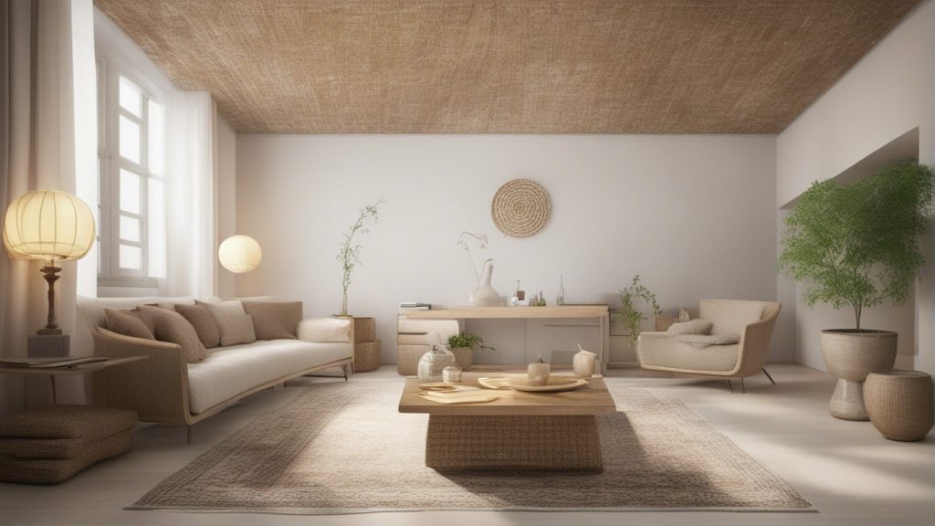 soggiorno con pareti bianche, divani beige e cuscini grigi per promuovere l'equilibrio e l'armonia