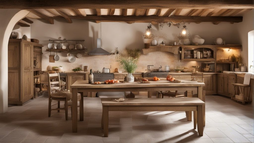 Cucina in stile campagna con mobili in legno massello, piastrelle decorate e lampadario in ferro battuto.