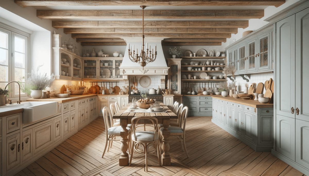  Una cucina country chic accogliente e stilosa con un grande tavolo in legno rustico, sedie ad alto schienale, cappe in muratura e credenze vintage. 