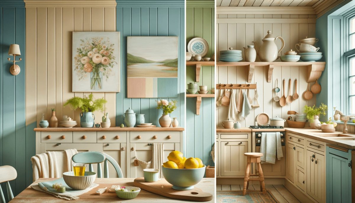  Una cucina country chic con pareti in pastello blu, accenti in verde pastello e rosa, e un tocco di colore vivace dato da un cesto di limoni freschi su un bancone.