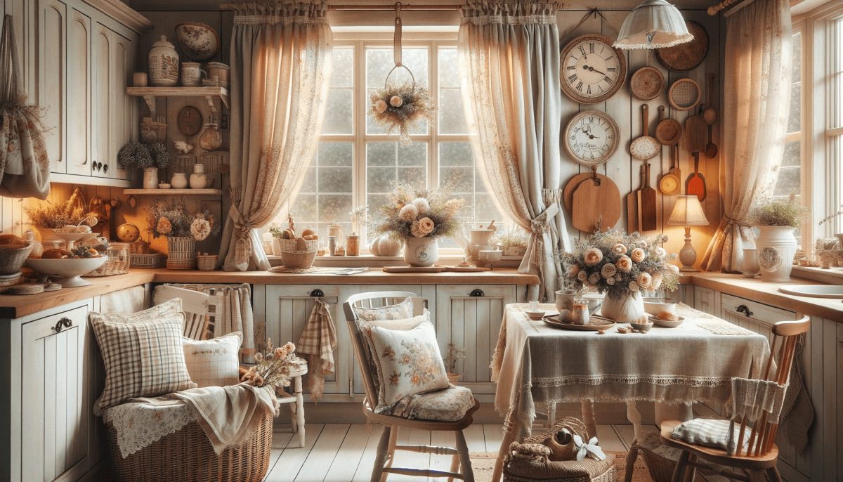 Una cucina country chic con tende leggere in pastello, tovaglia in lino sul tavolo da pranzo, cuscini con motivi floreali e a quadretti sulle sedie, un cesto di vimini con fiori freschi, orologi vintage e taglieri in legno come decorazioni.