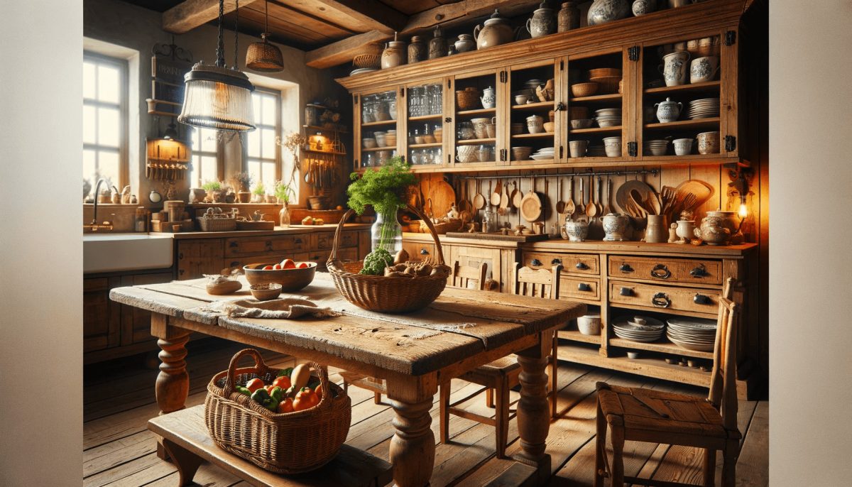 Una cucina country chic con un grande tavolo da pranzo in legno rustico, sedie e una panca in legno, armadietti e mensole che espongono ceramiche e utensili da cucina vintage, e un cesto in vimini con prodotti freschi.