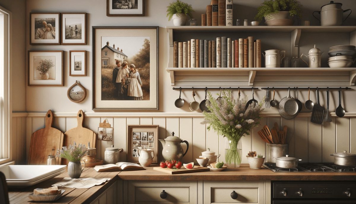 Un angolo accogliente di una cucina con toccature personali, come una piccola parete di fotografie di famiglia, uno scaffale con libri di cucina preferiti e un vaso di fiori freschi, in un equilibrio tra elementi decorativi e utensili pratici.