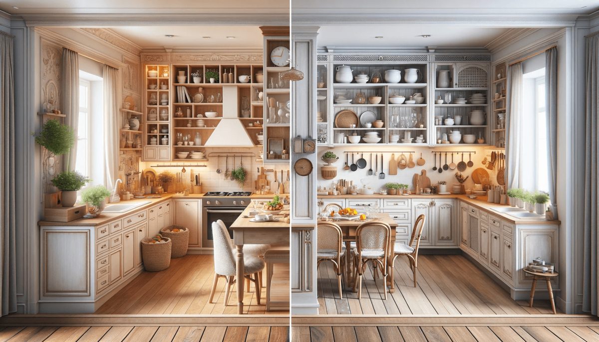 Due cucine country chic, una ampia con isola centrale, lavabo in stile antico, e un grande tavolo da pranzo, e una più piccola con mobili pieghevoli e scaffalature aperte, dimostrando come lo stile possa adattarsi a spazi di diverse dimensioni.