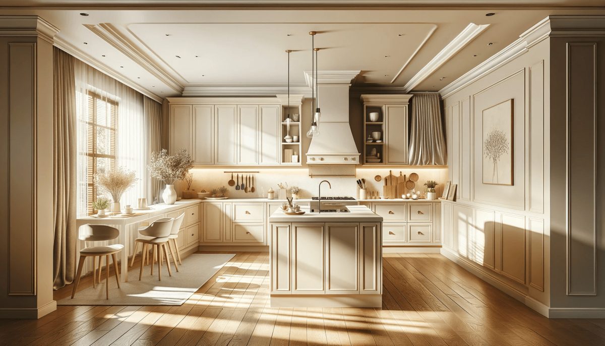 Cucina elegante e luminosa, arredi moderni e decorazioni di stile, completa di isola centrale e pavimento in legno caldo.