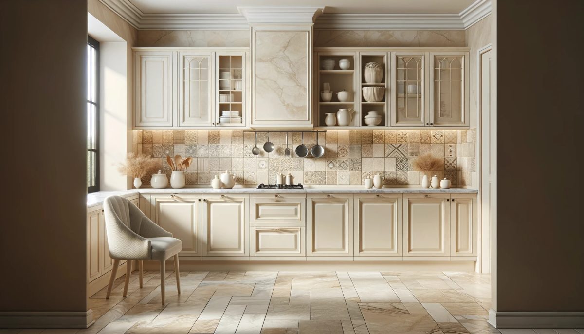 Cucina con rivestimenti eleganti e pratici: piastrelle ceramiche neutre per il backsplash o paraschizzi, finiture in legno chiaro o laminato sugli armadietti, e top in marmo o pietra naturale.