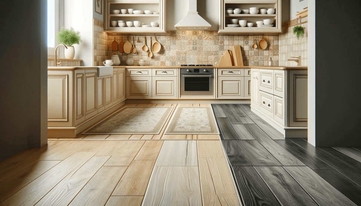 Sezione di cucina che mostra opzioni di pavimentazione ideali per un design color panna, con piastrelle in ceramica o porcellana, pavimento in legno chiaro o scuro, e pavimento in cemento lucidato o resina.