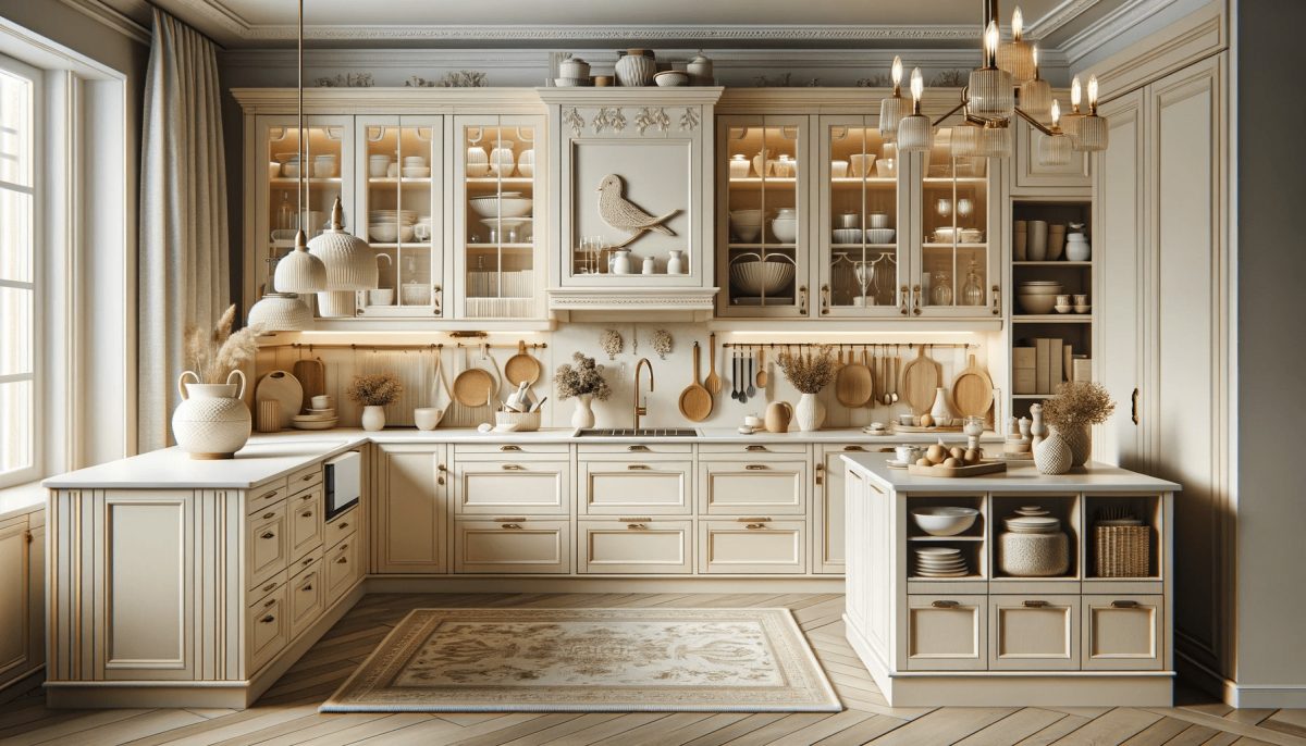  Cucina elegante e funzionale con mobili color panna, che mostra un perfetto equilibrio tra eleganza e praticità, con soluzioni di storage intelligenti e illuminazione strategica.