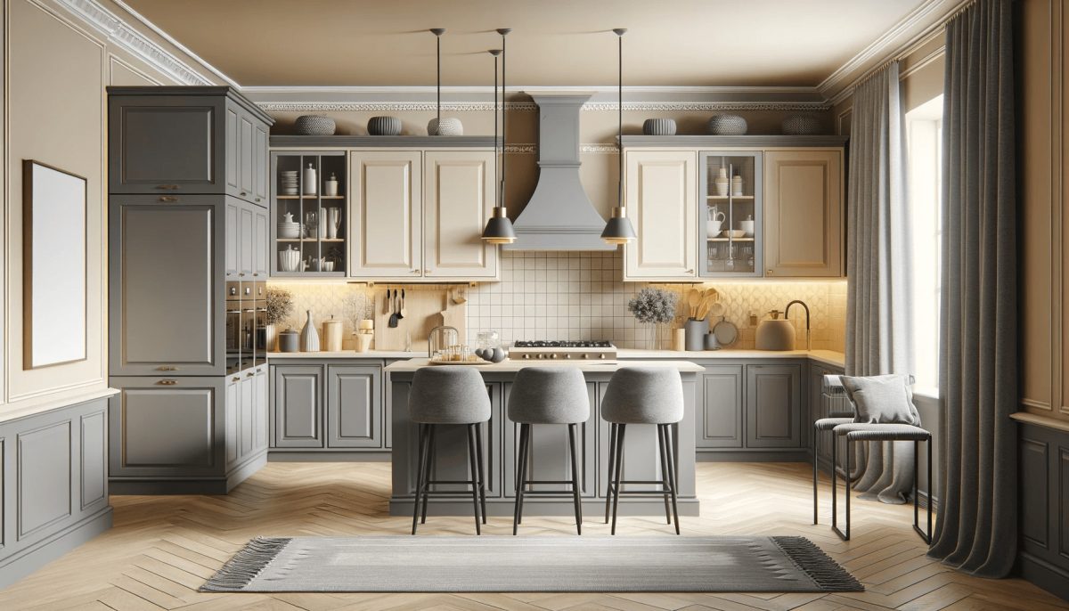 Una cucina che combina in modo elegante le pareti color panna con dettagli in grigio, offrendo un perfetto equilibrio tra modernità e calore.