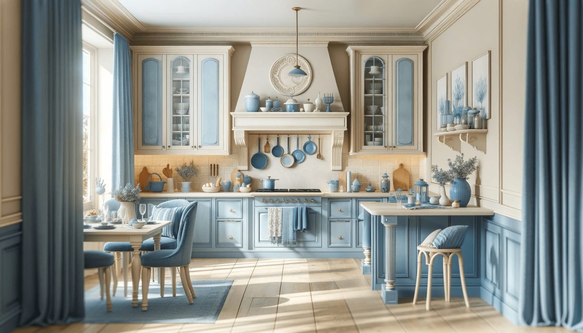 Una cucina che combina in modo sereno le pareti color panna con dettagli in blu, creando un'atmosfera tranquilla e accogliente.