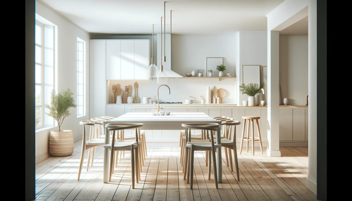 Cucina nordica minimalista con tavolo da pranzo bianco, sedie in legno, isola con sgabelli moderni, pareti bianche e pavimento in legno chiaro, decorata con piante in vaso.
