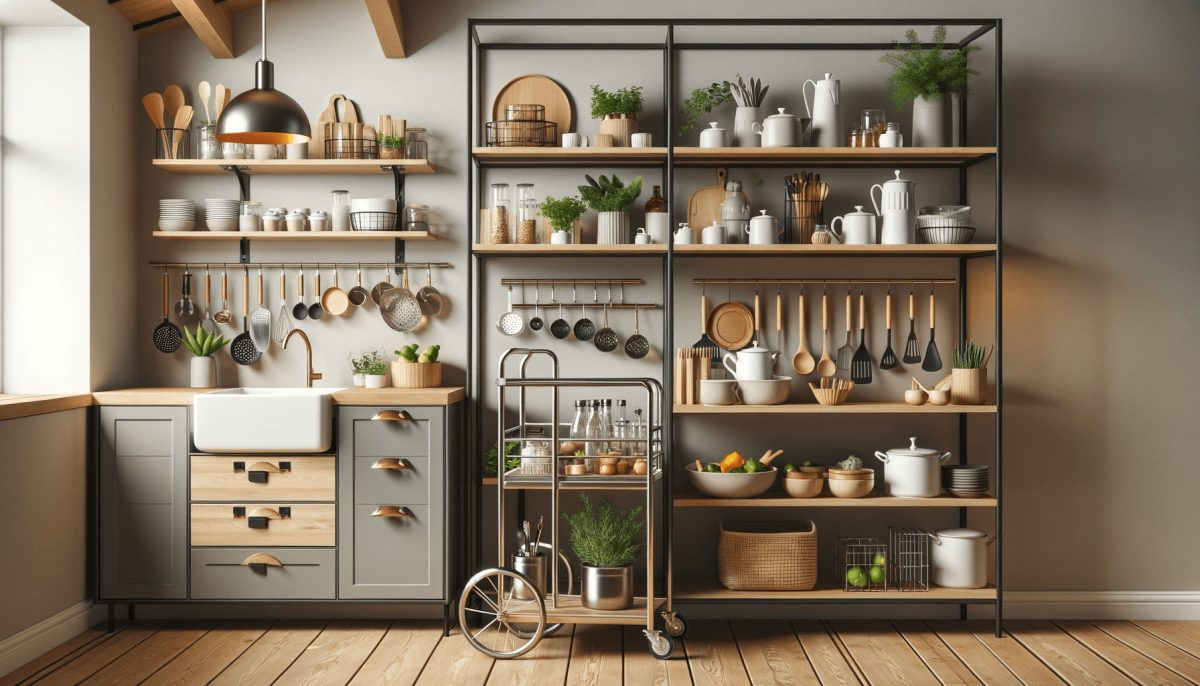 Cucina con scaffalatura aperta in metallo e legno, carrello da cucina su ruote con utensili, ben illuminata, organizzata, pratica e minimalista, decorata con piante verdi.