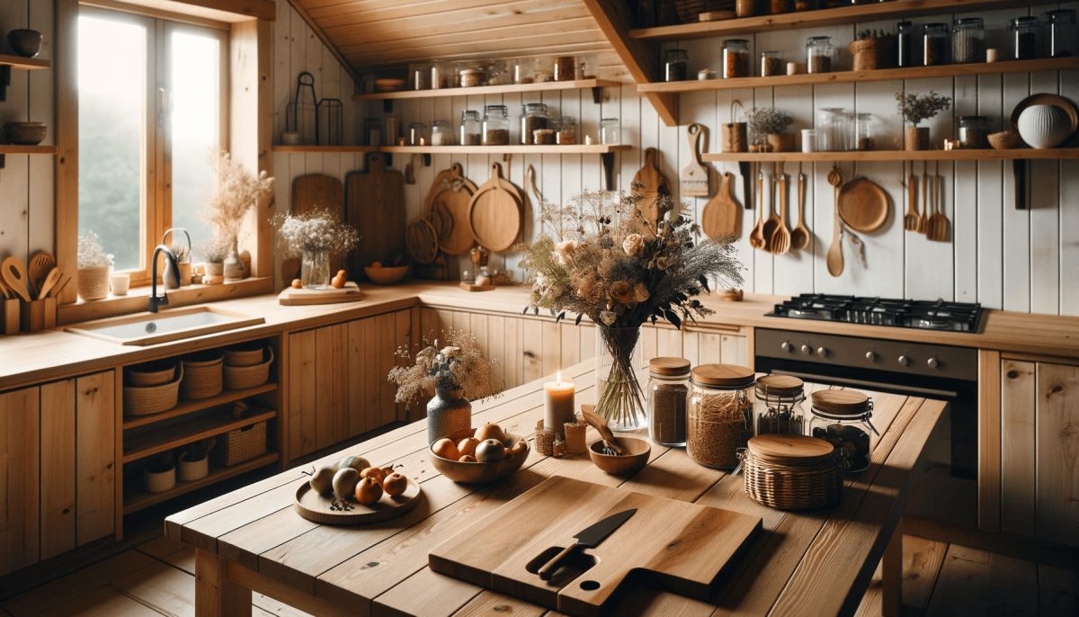 Cucina in stile nordico con piano di lavoro in legno decorato con taglieri in legno, portaspezie, barattoli in vetro, candele, fiori freschi in vasi e cesto di frutta, creando un'atmosfera calda e accogliente.