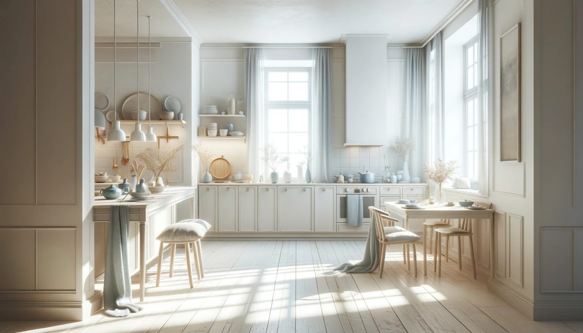 Cucina in stile nordico con pareti bianche, pavimento in legno chiaro e mobili in toni neutri, illuminata dalla luce naturale di grandi finestre, con tocchi di colore in azzurro pastello e grigio, creando un'atmosfera luminosa e tranquilla.