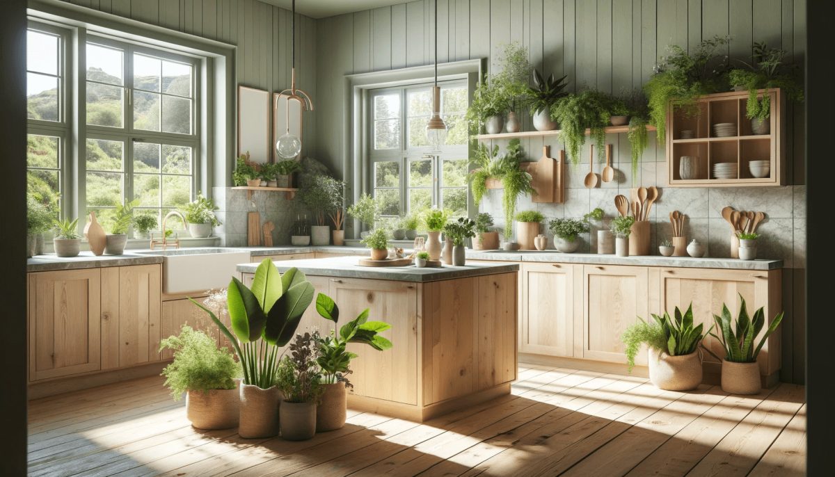 Cucina in stile nordico con armadi in legno naturale e top in pietra, arricchita da piante d'interno e fiori freschi, dipinta in toni calmi e soft, con elementi decorativi che enfatizzano la funzionalità e il minimalismo, e grandi finestre che offrono una vista sulla natura esterna.