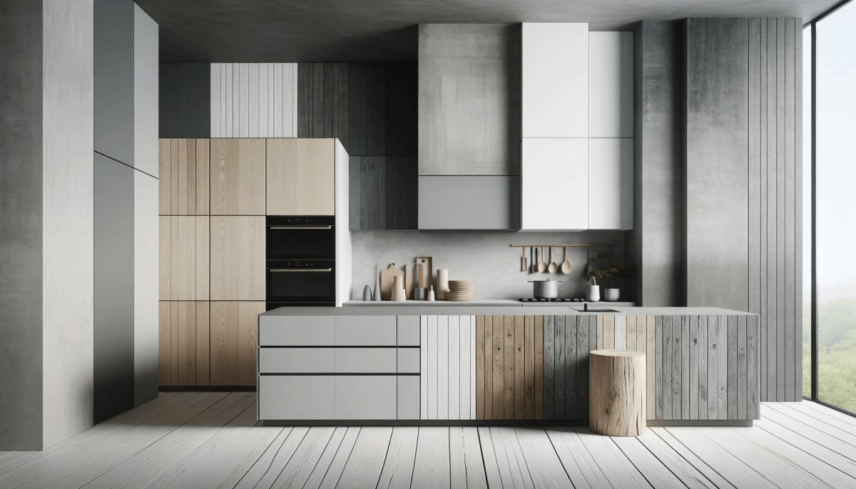 Cucina in stile nordico con un gioco di contrasti, mostrando variazioni tono su tono di bianco e grigio e contrasti materici con elementi in legno ruvido e superfici metalliche lisce, mantenendo linee pulite e minimalismo.