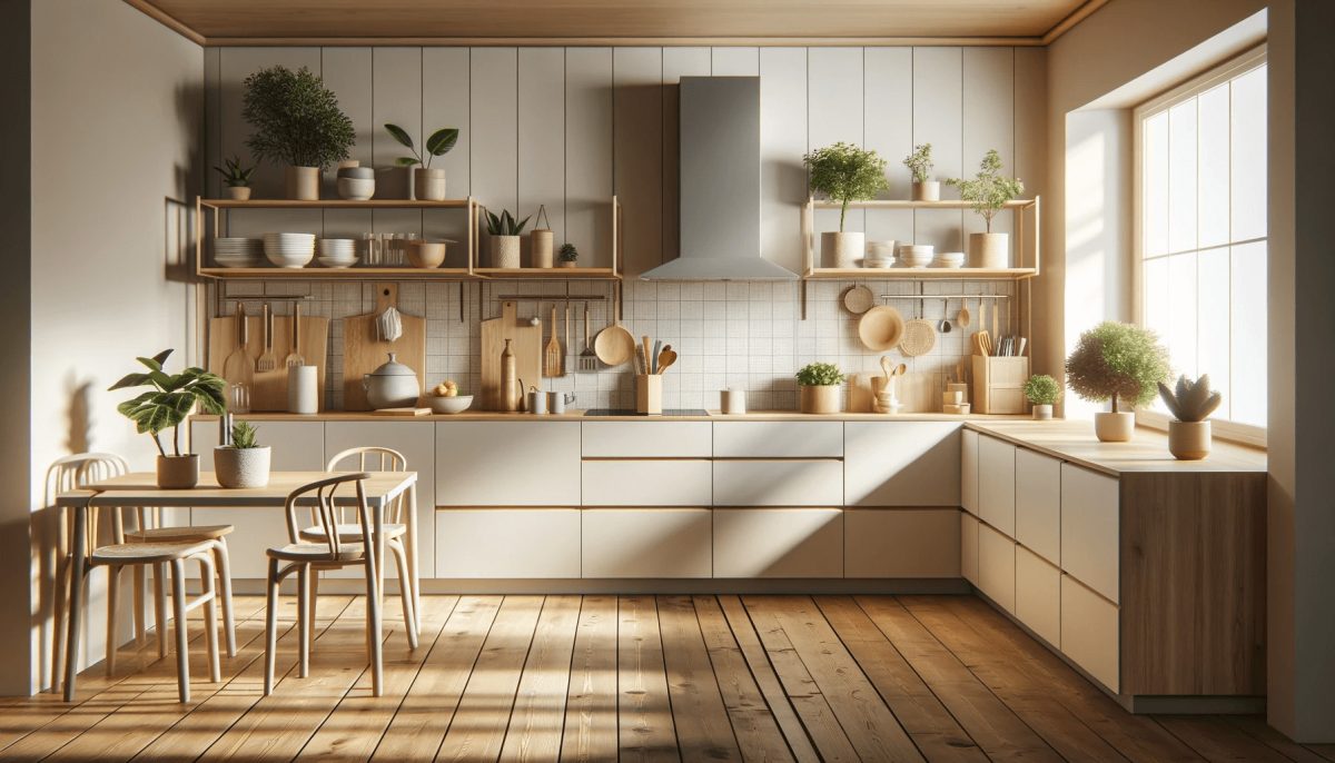 Cucina ben organizzata che incarna consigli pratici di design, con mobili in legno e metallo di alta qualità e linee semplici, dipinta in colori neutri con piante in vaso e un'illuminazione studiata per un ambiente caldo e accogliente.