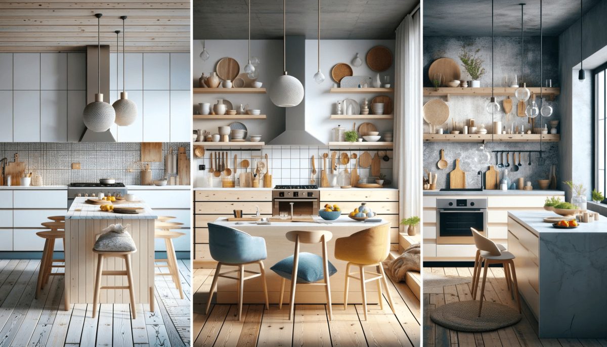 Collage che mostra tre diverse cucine in stile nordico: una cucina urbana minimalista con armadi bianchi, isola centrale in legno chiaro e sedie scandinave; una cucina con accenti colorati; e una cucina rustica modernizzata con materiali in pietra e legno grezzo.