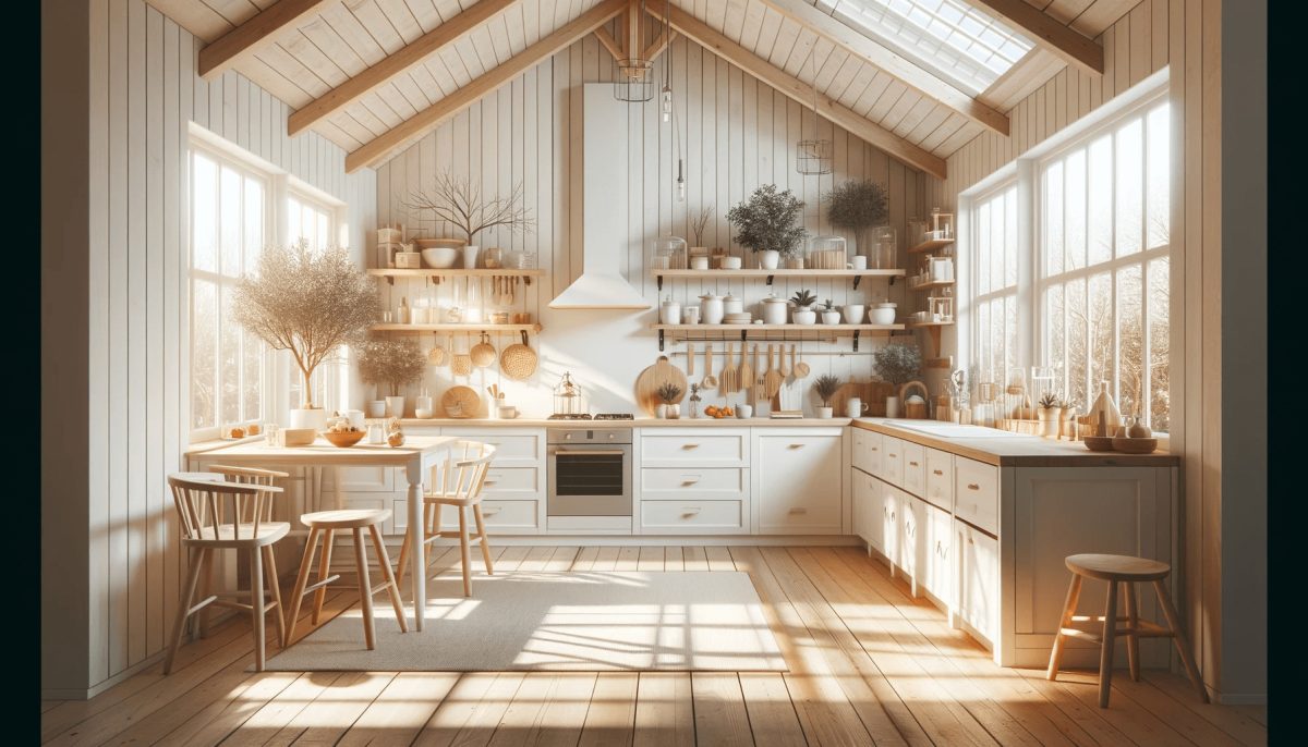 Cucina calda e accogliente che incarna i principi chiave dello stile, luminosa e ariosa con grandi finestre, mobili in toni di bianco e legno chiaro, organizzata e funzionale, con elementi naturali e piante d'interno.