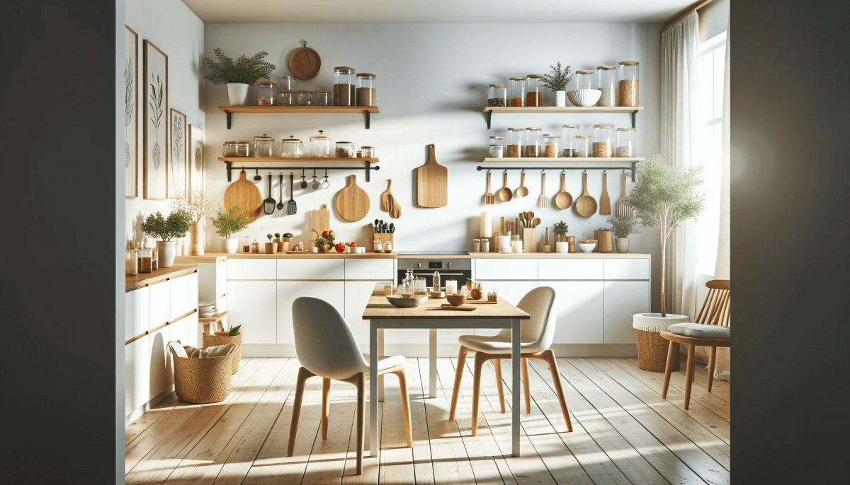 Cucina in stile nordico con tavolo bianco, sedie moderne, isola con sgabelli, scaffali aperti con taglieri in legno, barattoli in vetro e candele, pareti bianche e pavimento in legno, finestra con vista sulla natura.